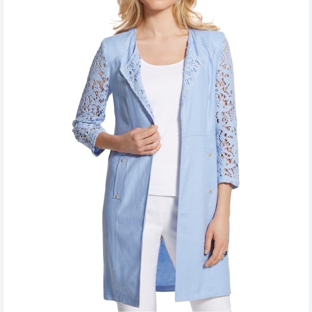 Chicos Lovely Lace Mix Duster Jacket Light Blue Size 1 or Small